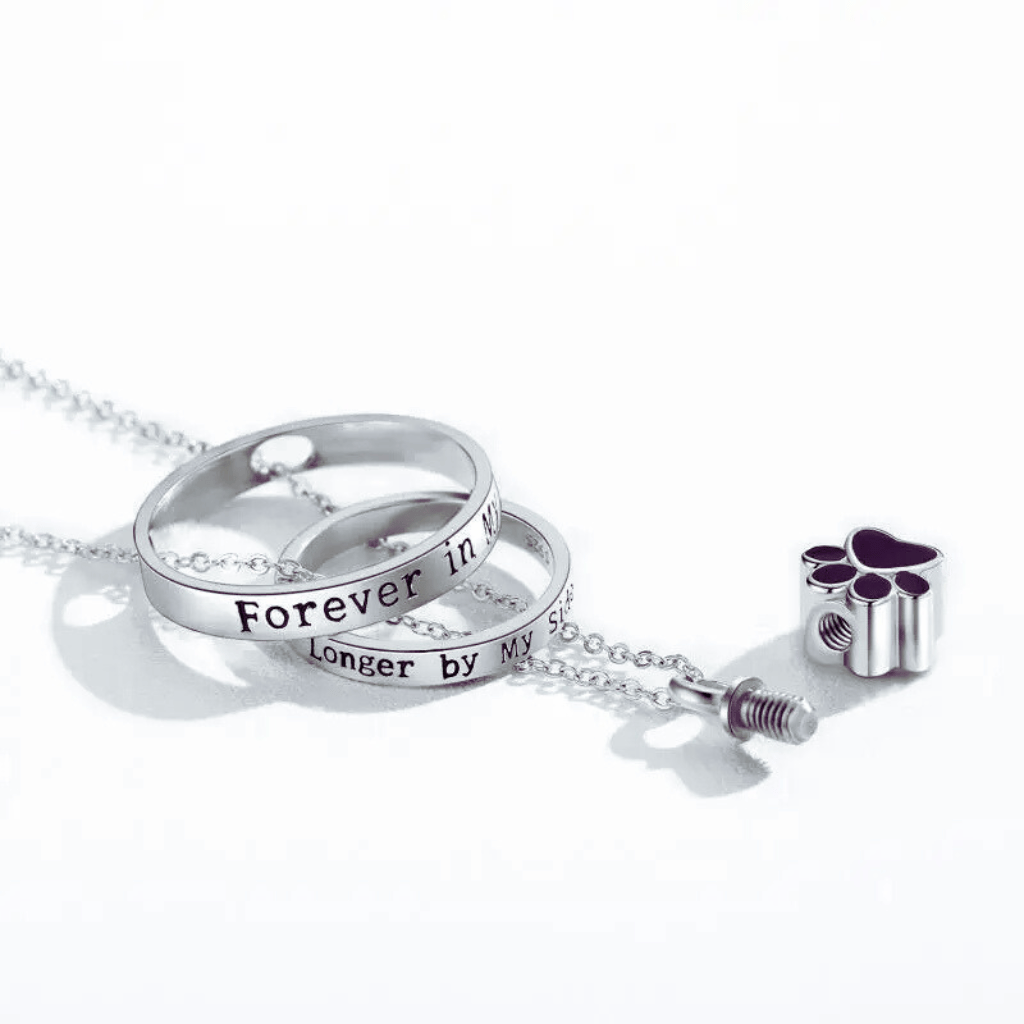 Two Rings Black Pawprint Cremation Necklace Sterling Silver