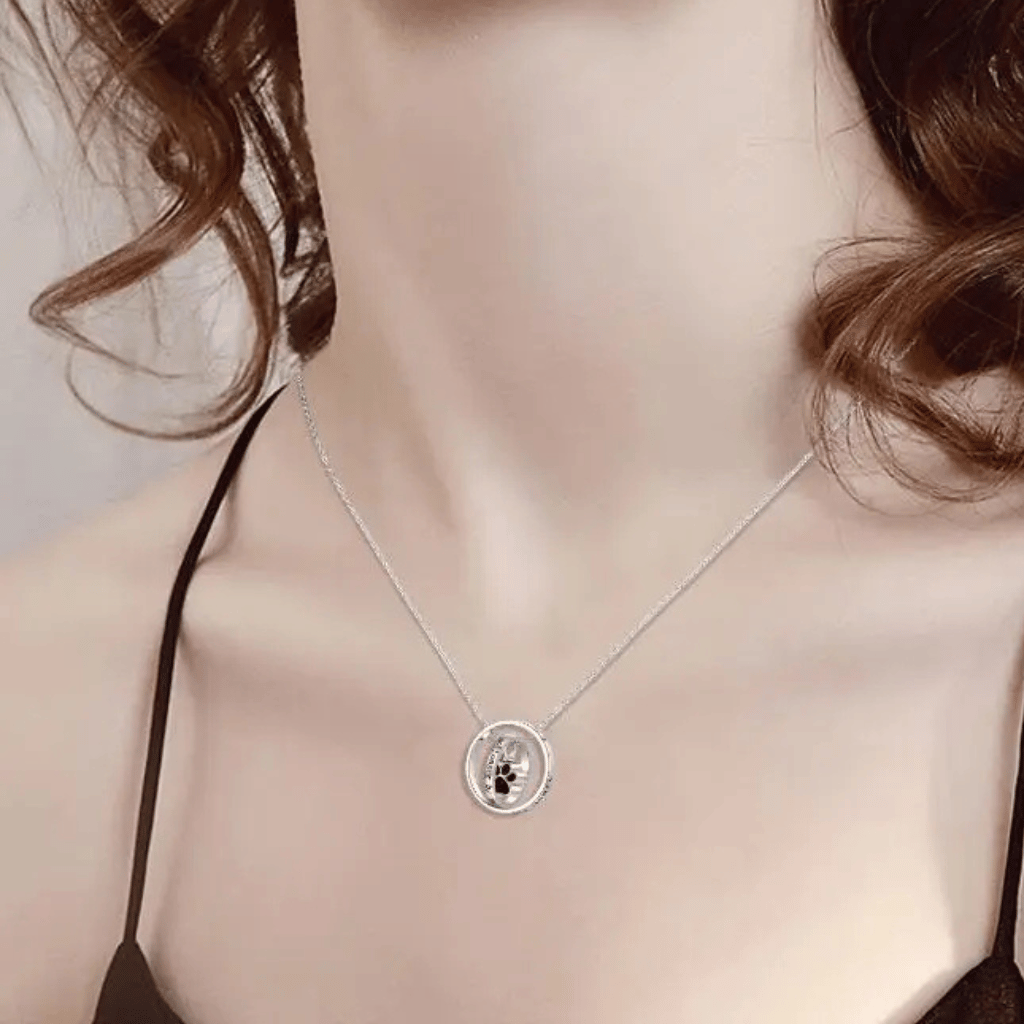 Two Rings Black Pawprint Cremation Necklace Sterling Silver