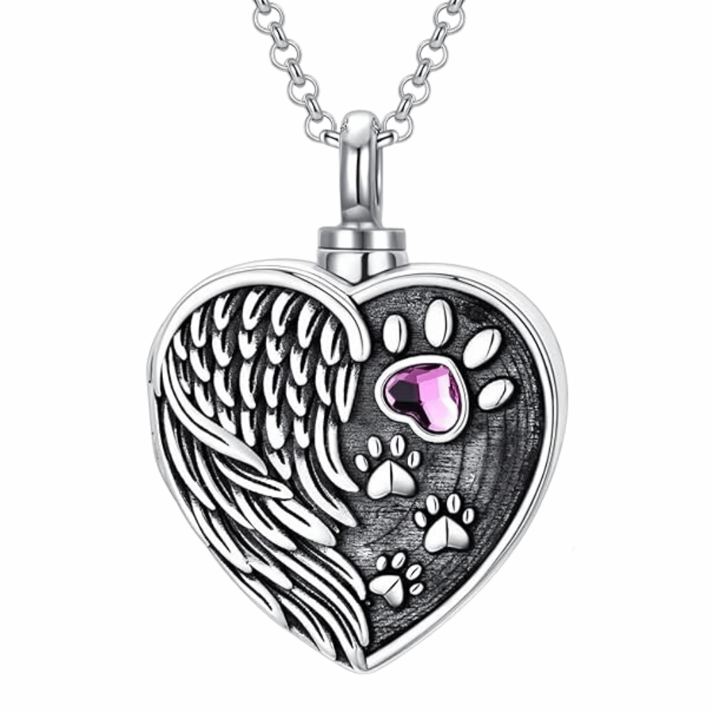 Pawprint Wing Purple Crystal Cremation Locket Sterling Silver