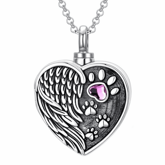 Pawprint Wing Purple Crystal Cremation Locket Sterling Silver