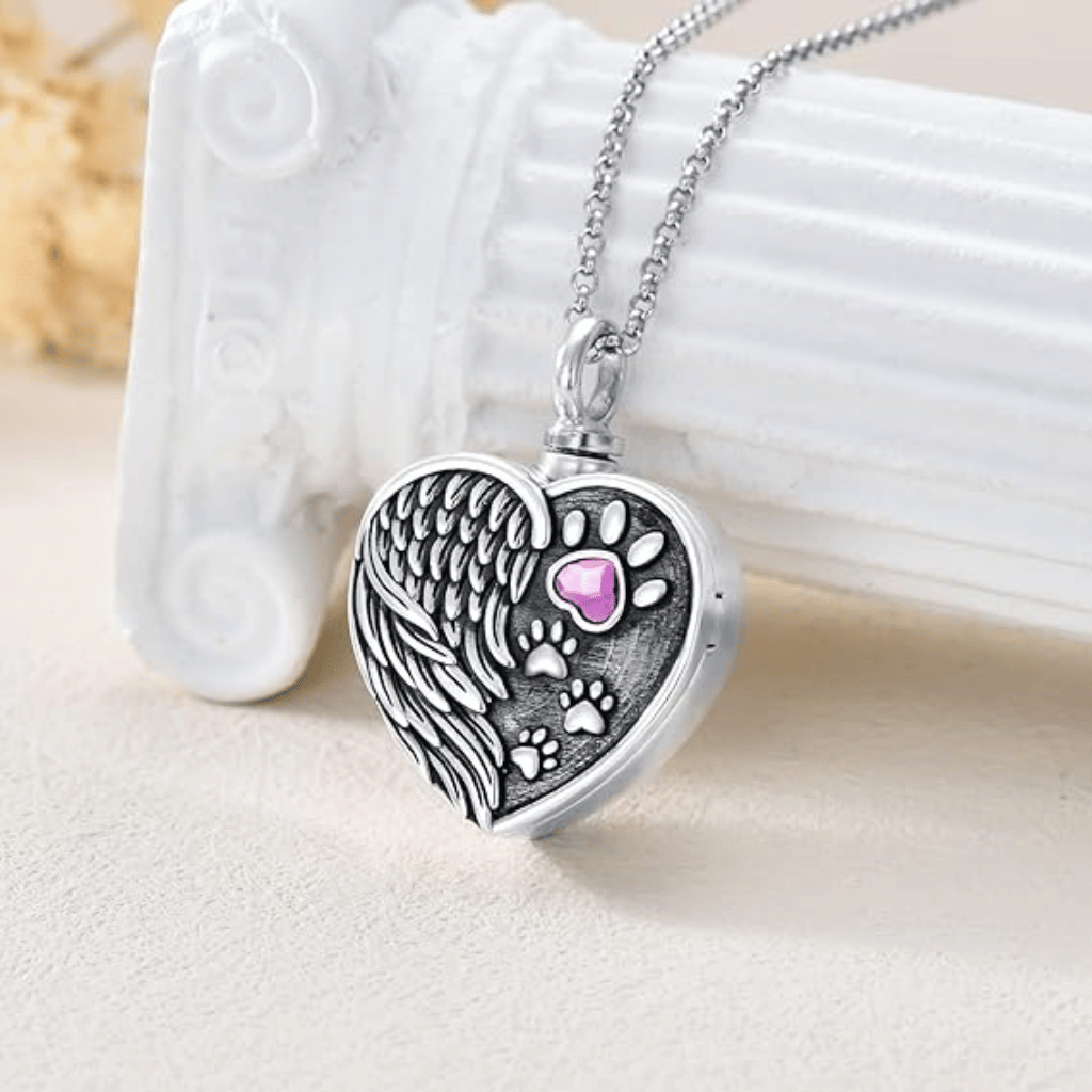Pawprint Wing Purple Crystal Cremation Locket Sterling Silver