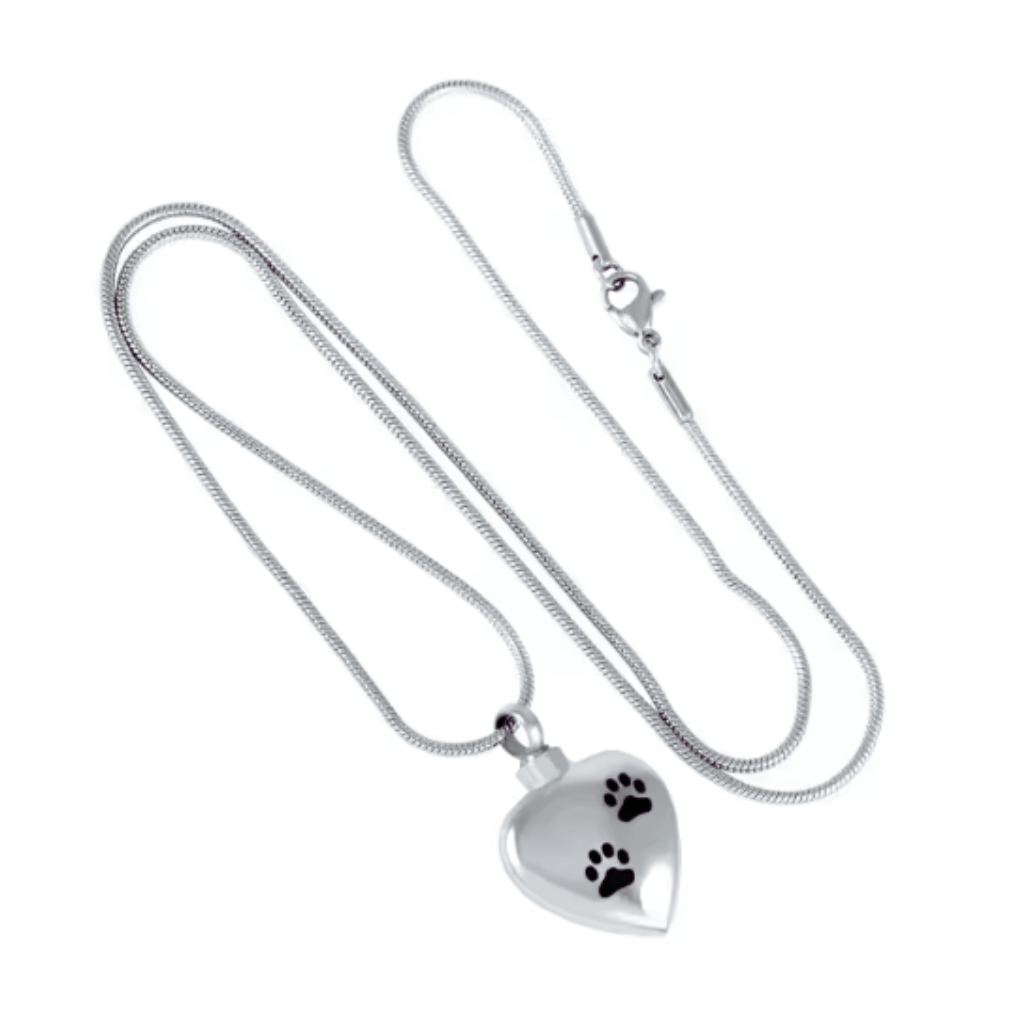 Pawprint Heart Cremation Necklace Stainless Steel