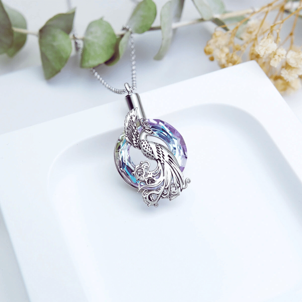 Blue And Purple Crystal Wreath Peacock Cremation Necklace Sterling Silver