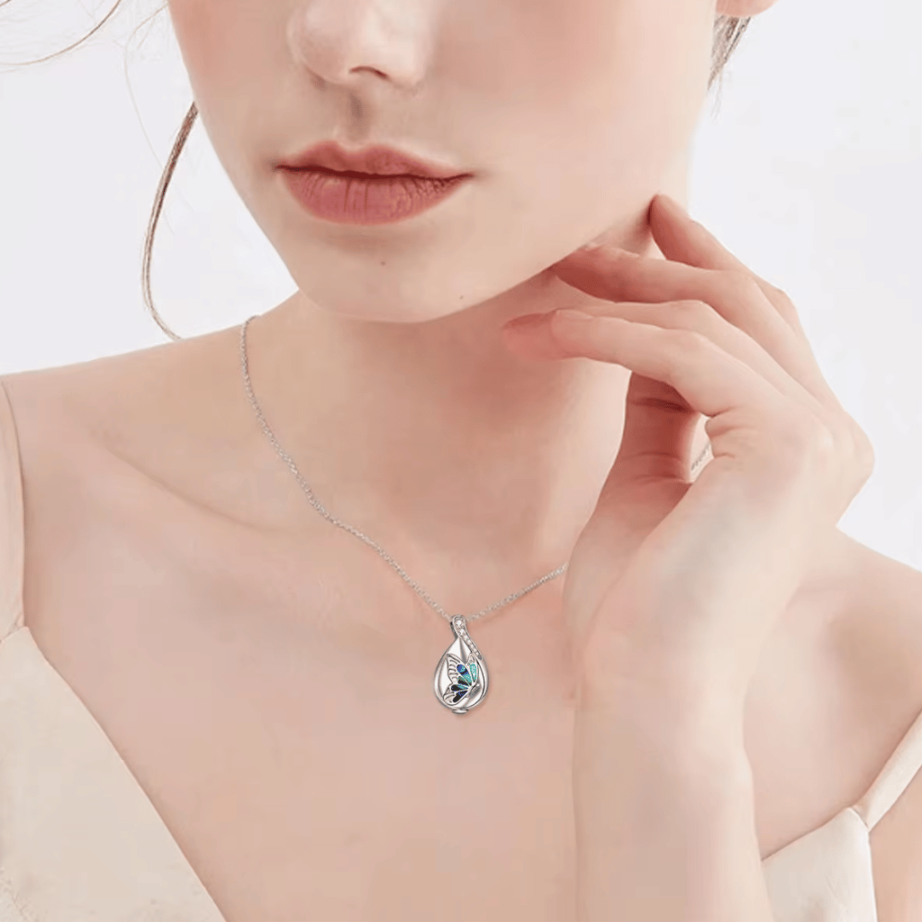 Abalone Butterfly Cremation Necklace Sterling Silver