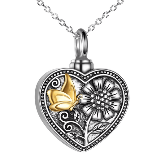 Butterfly Sunflower Heart Cremation Necklace Sterling Silver