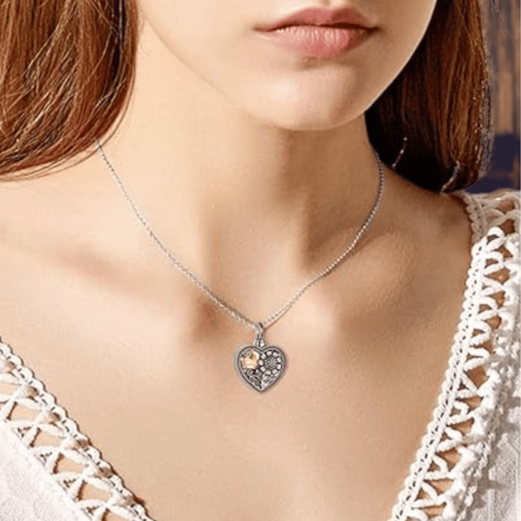 Butterfly Sunflower Heart Cremation Necklace Sterling Silver