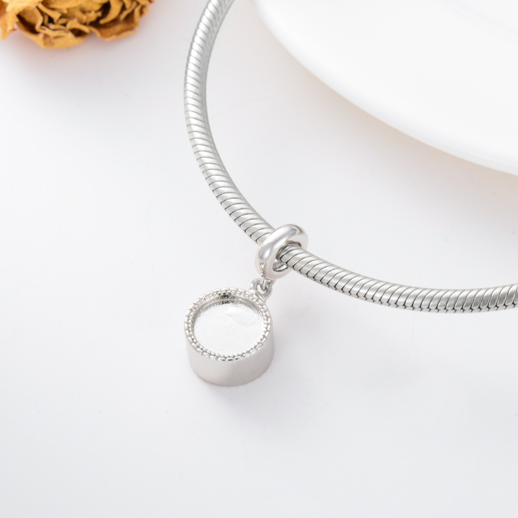 Circle Picture Frame Cremation Charm Sterling Silver