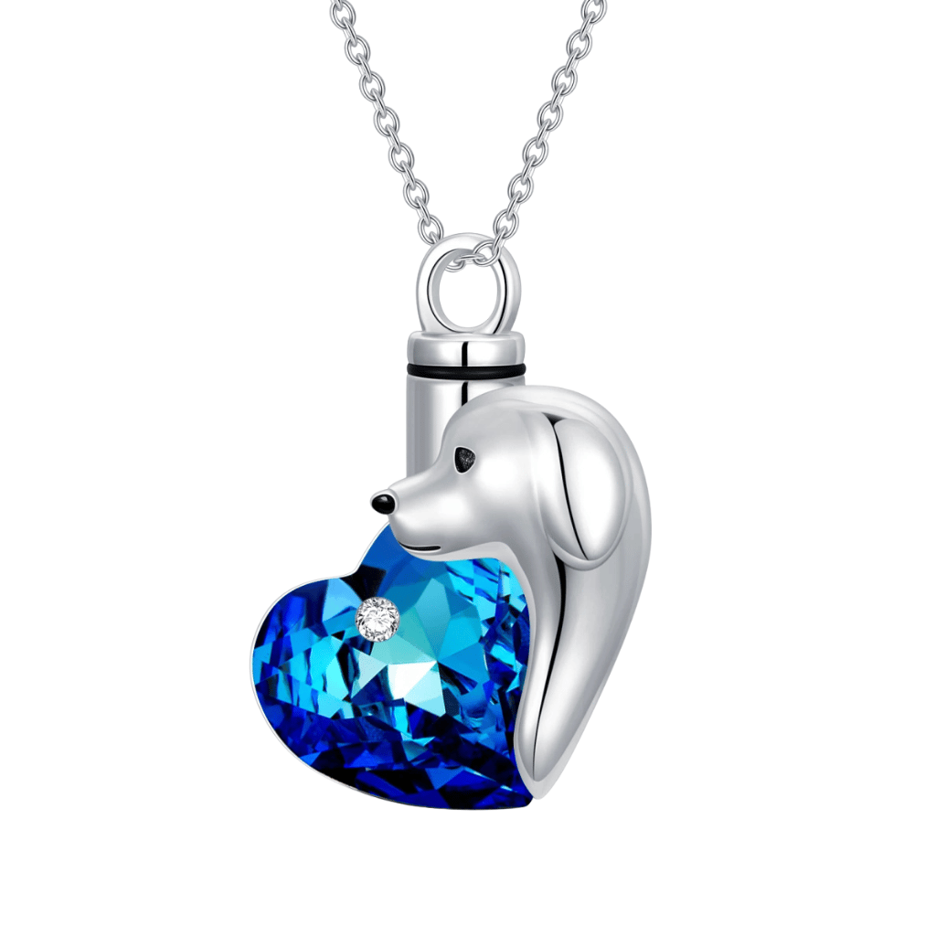 Blue Crystal Heart Dog Cremation Necklace Sterling Silver