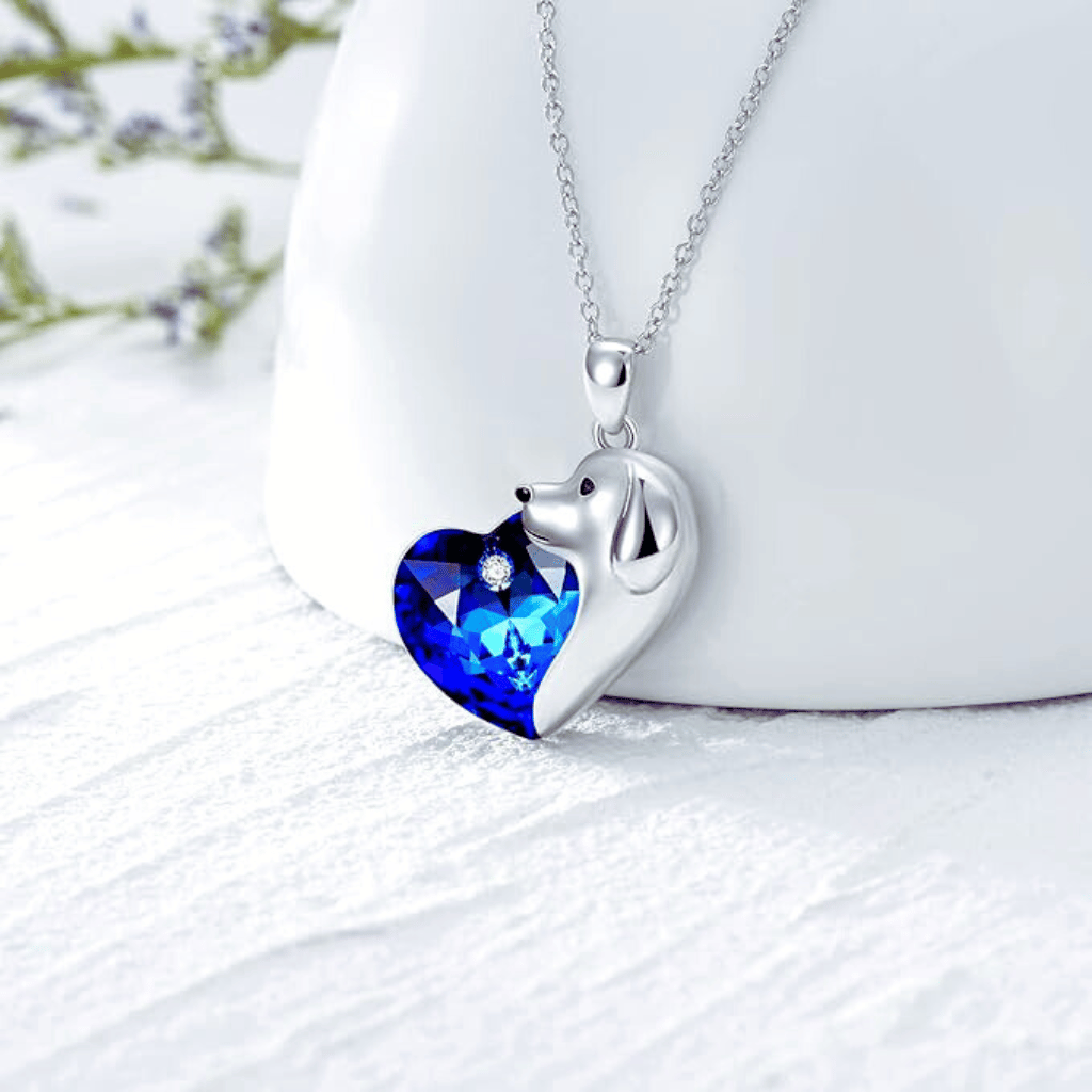 Blue Crystal Heart Dog Cremation Necklace Sterling Silver