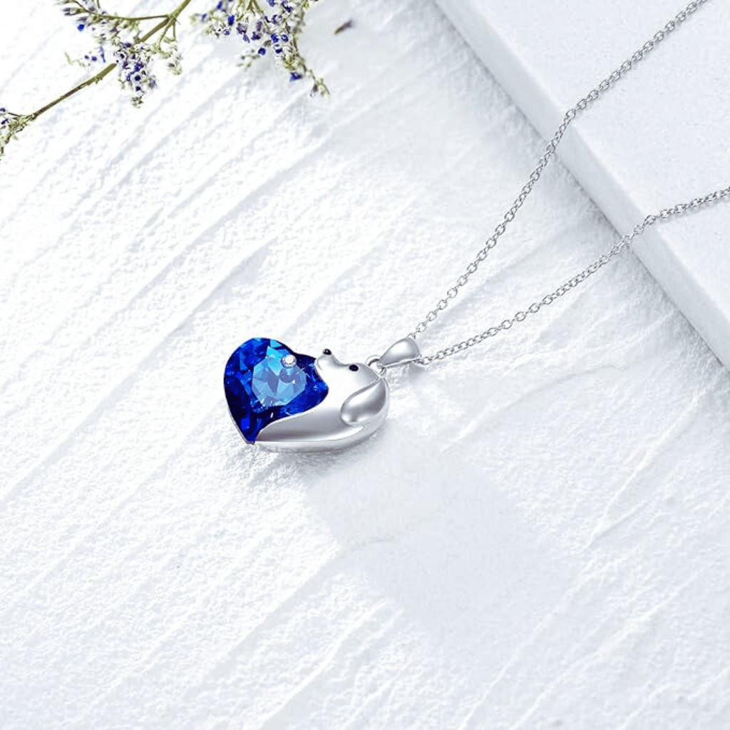Blue Crystal Heart Dog Cremation Necklace Sterling Silver