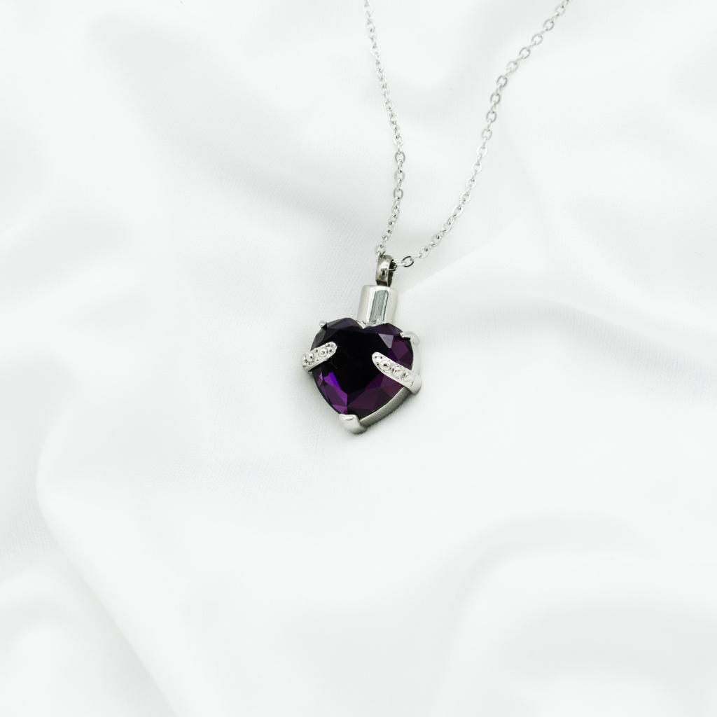 Purple Crystal Heart Cremation Necklace Stainless Steel