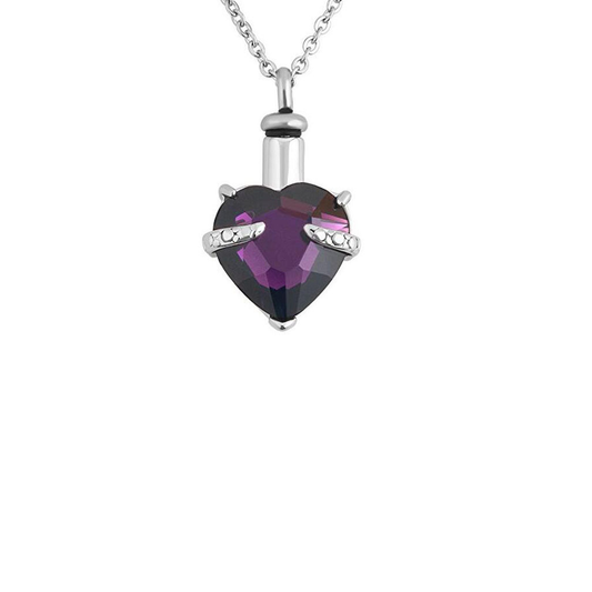 Purple Crystal Heart Cremation Necklace Stainless Steel