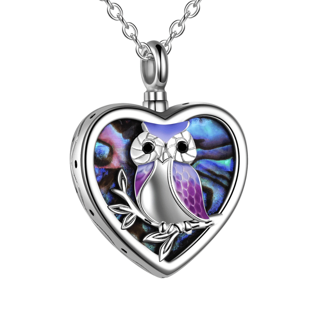 Abalone Owl Heart Cremation Necklace Sterling Silver