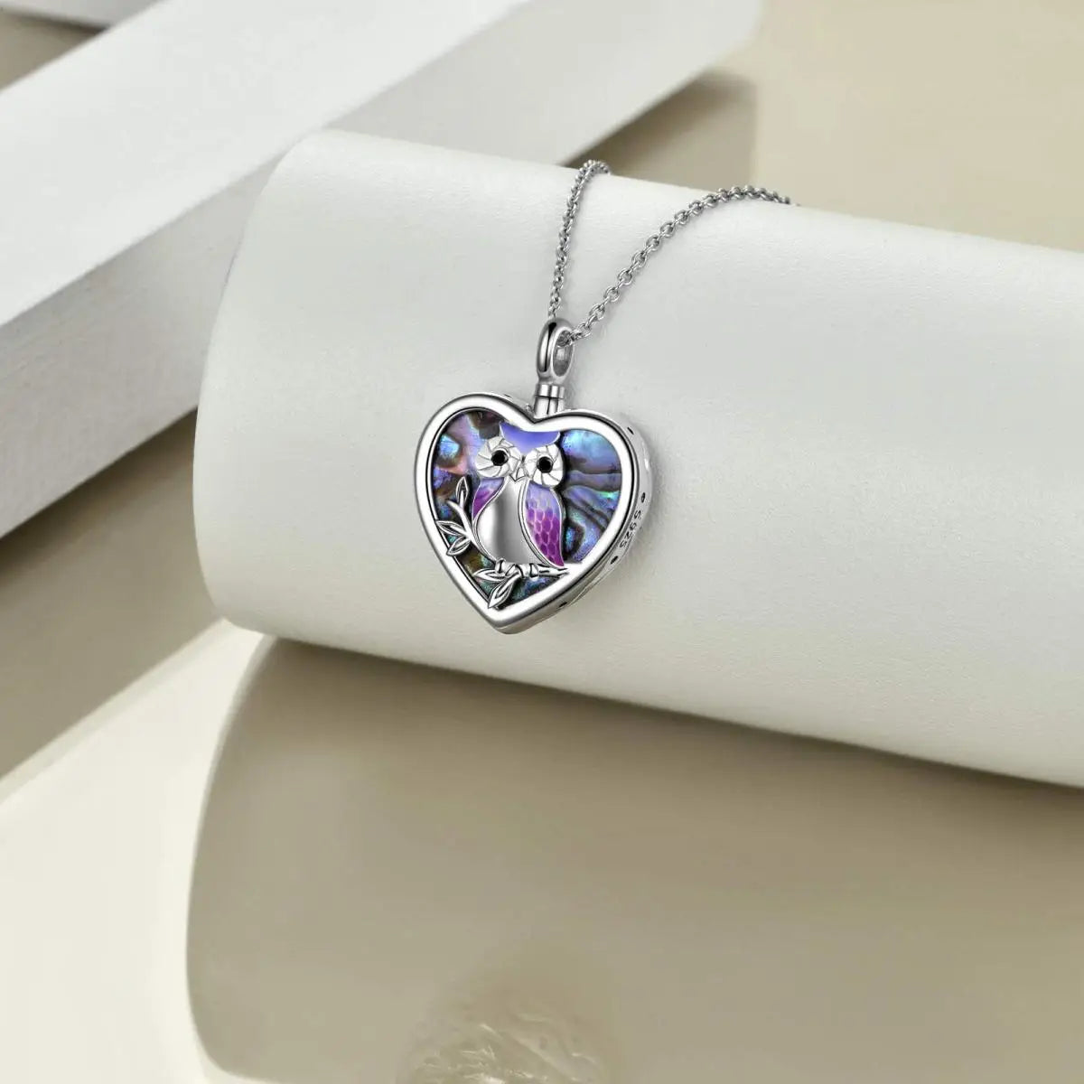 Abalone Owl Heart Cremation Necklace Sterling Silver