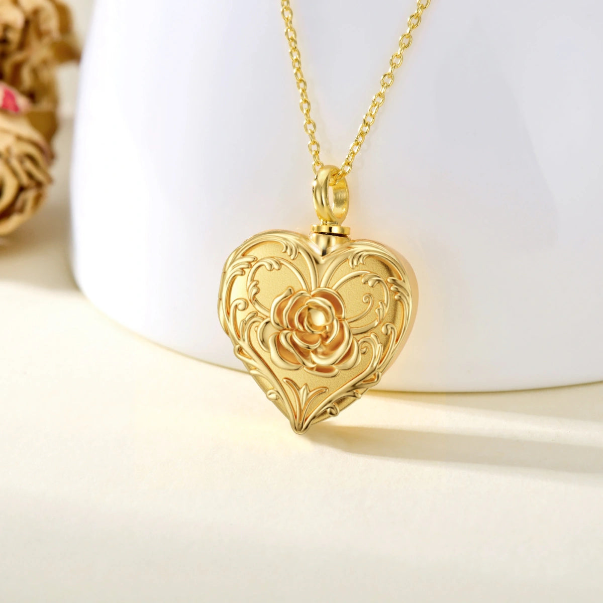 Rose Heart Cremation Necklace Gold Vermeil