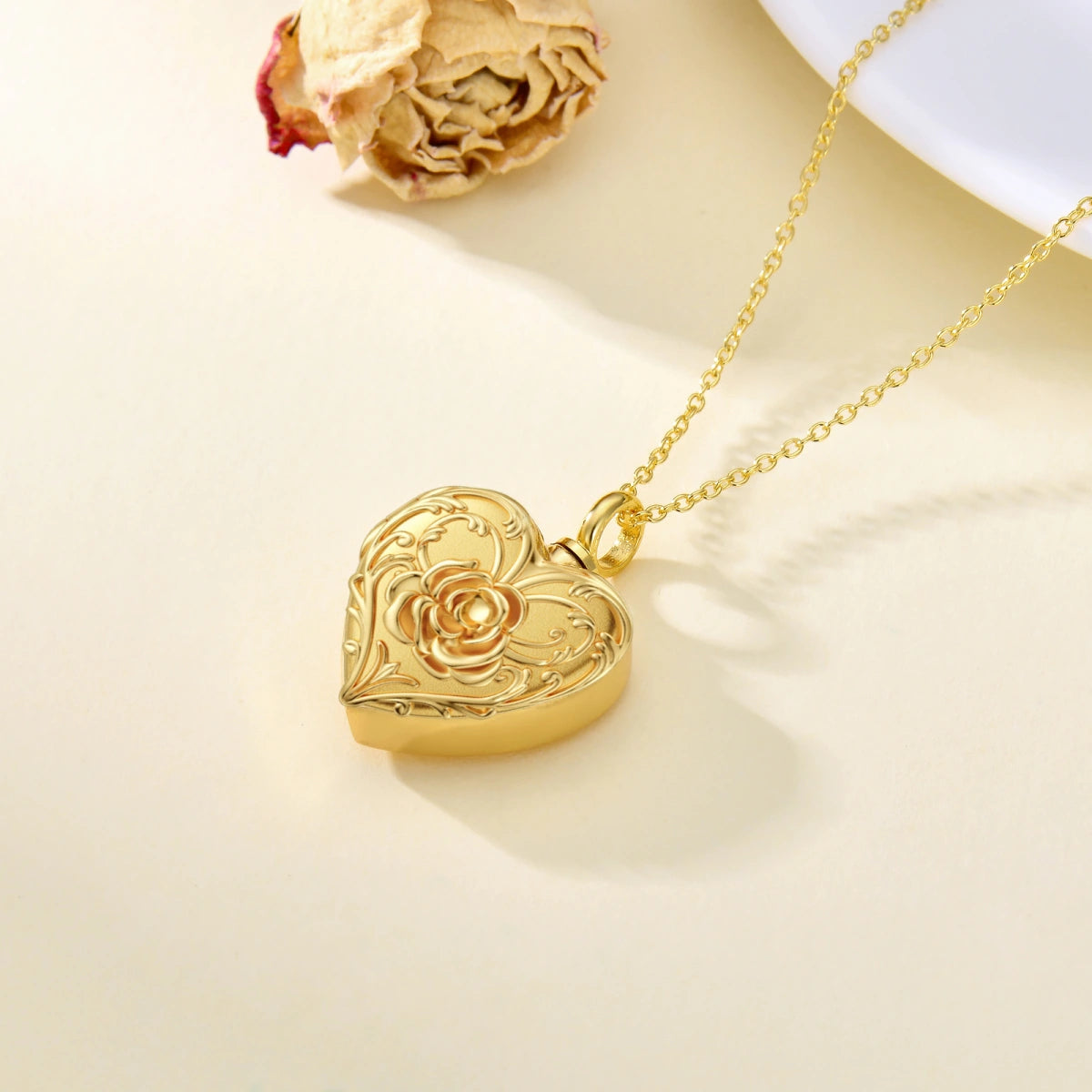 Rose Heart Cremation Necklace Gold Vermeil