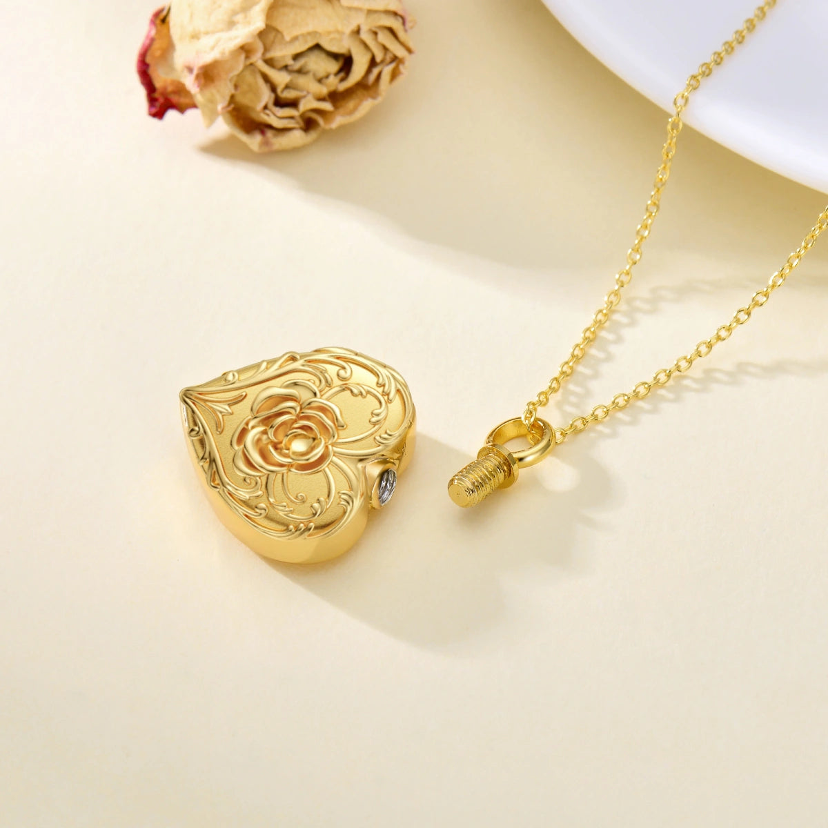Rose Heart Cremation Necklace Gold Vermeil