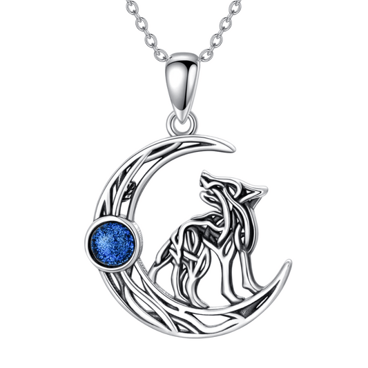 Runic Wolf Crescent Moon Blue Crystal Cremation Necklace Sterling Silver