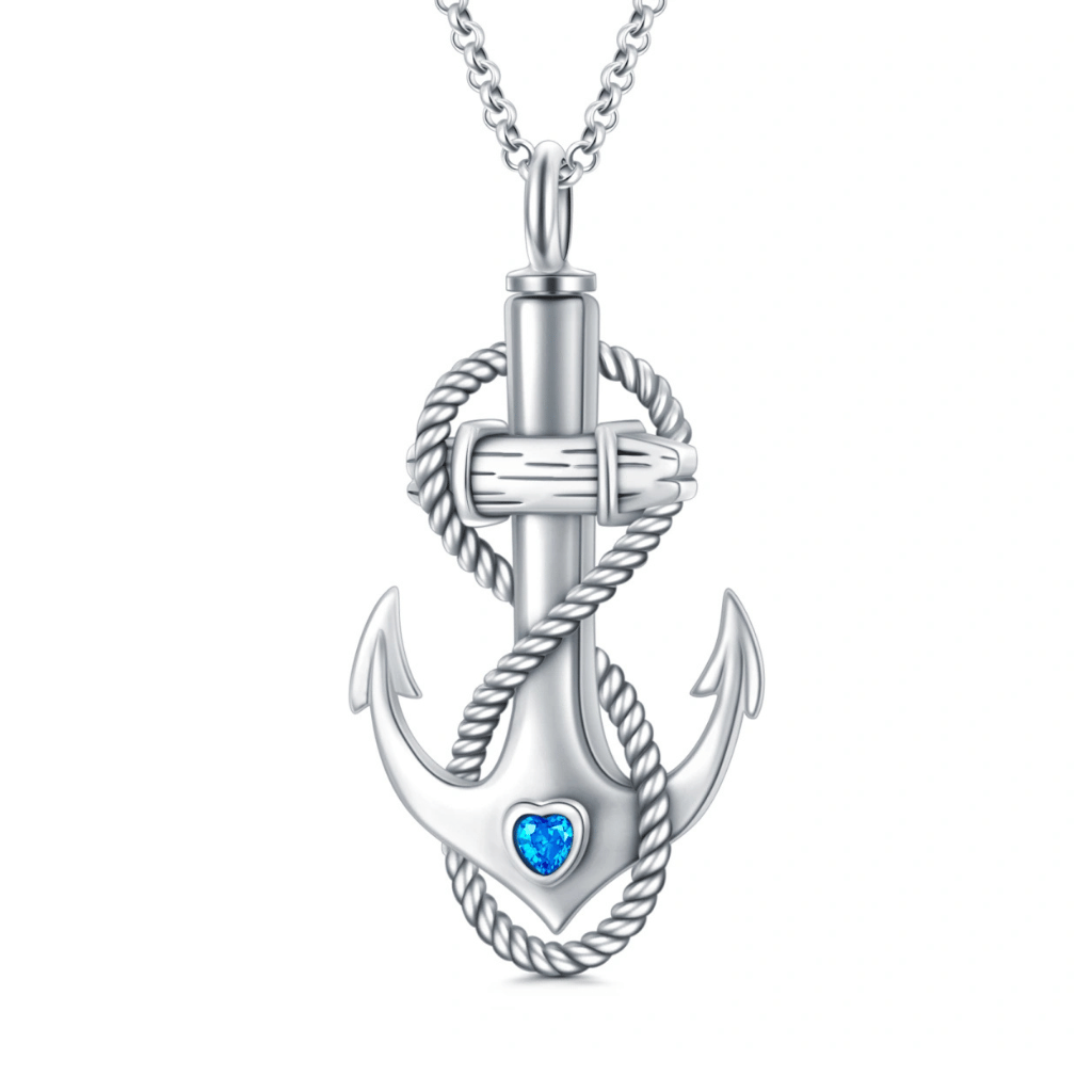 Blue Crystal Anchor Cremation Necklace Sterling Silver