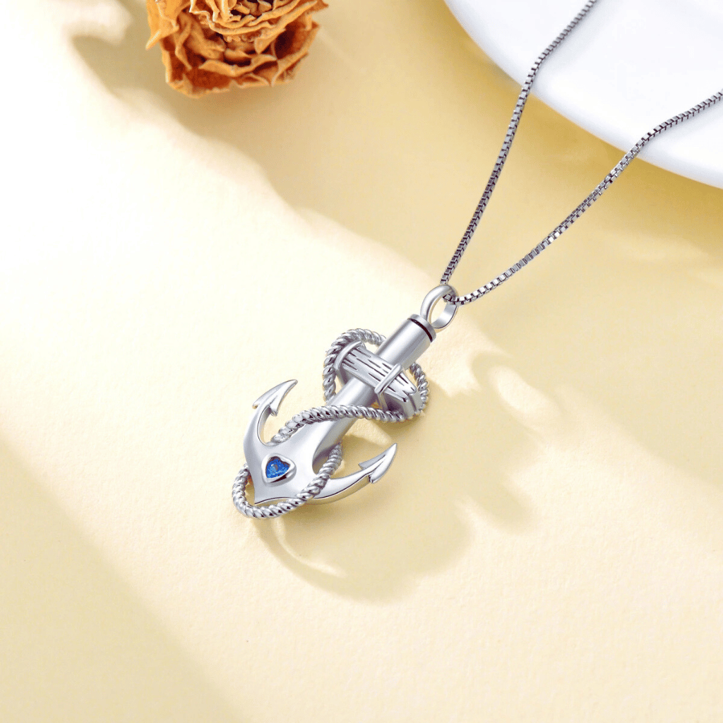 Blue Crystal Anchor Cremation Necklace Sterling Silver