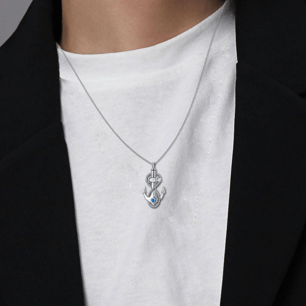 Blue Crystal Anchor Cremation Necklace Sterling Silver