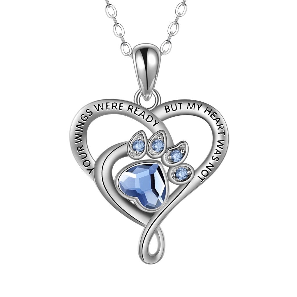Blue Crystal Paw Heart Cremation Necklace Sterling Silver