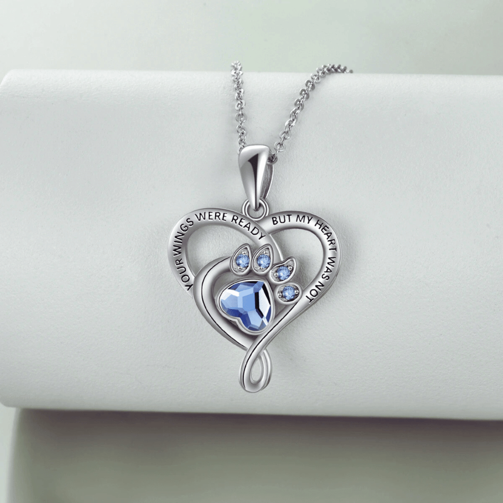 Blue Crystal Paw Heart Cremation Necklace Sterling Silver