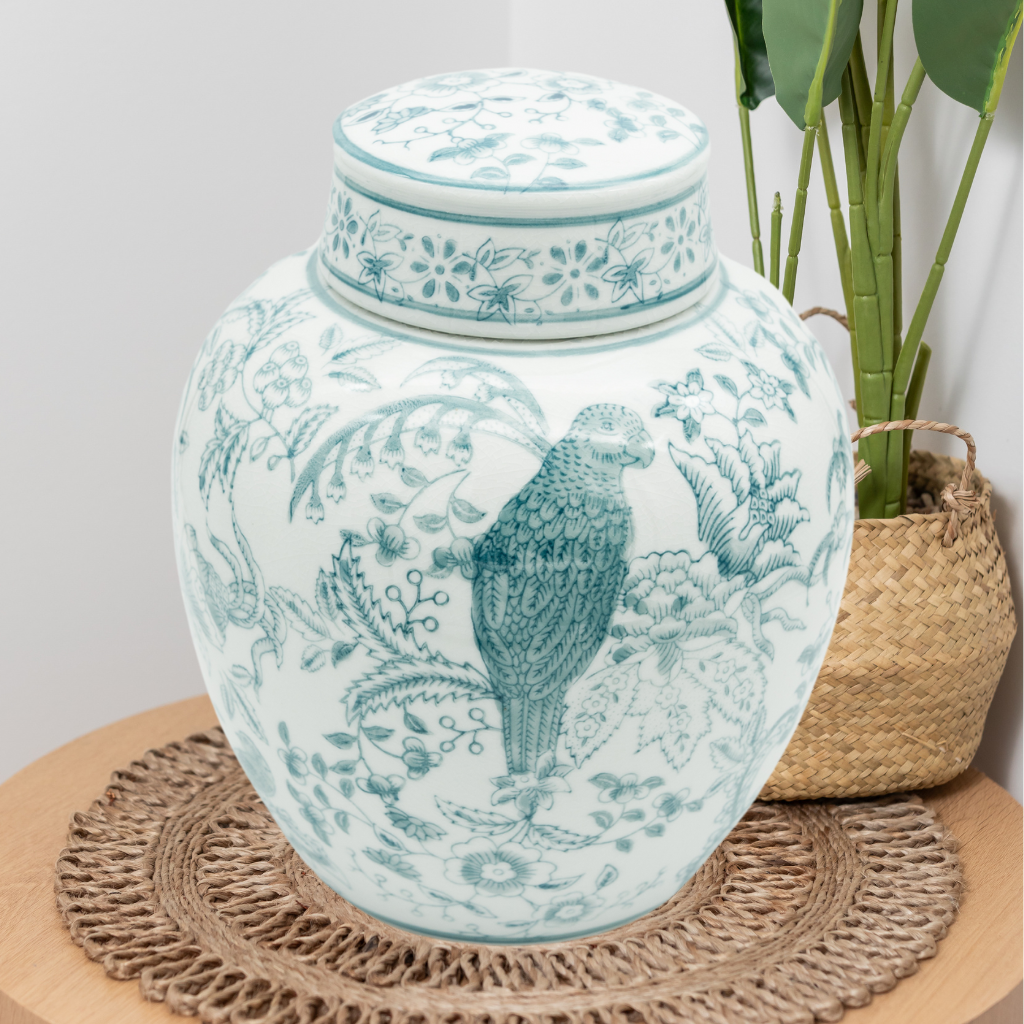 Green Parrot Porcelain Cremation Urn