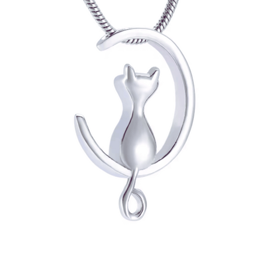 Silver Cat Moon Cremation Necklace Stainless Steel