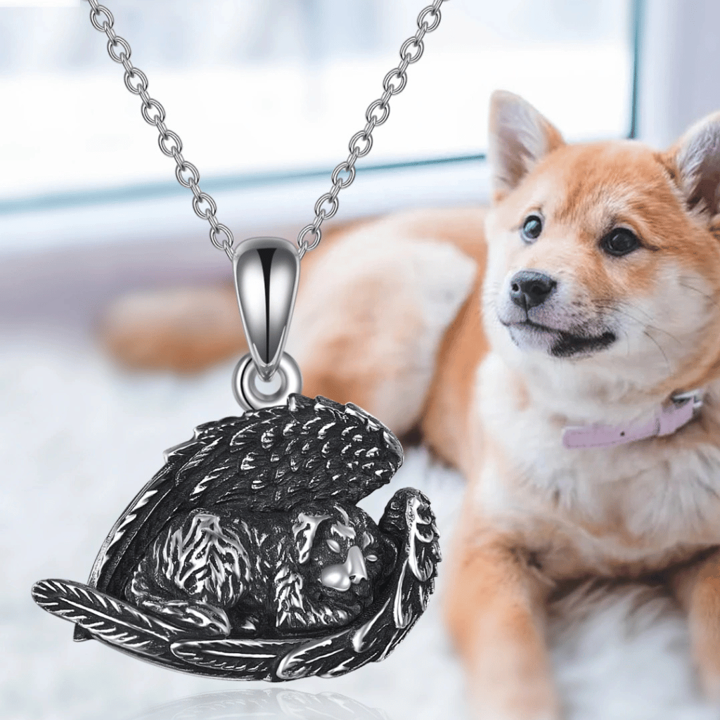 Black Dog With Wings Cremation Necklace Sterling Silver