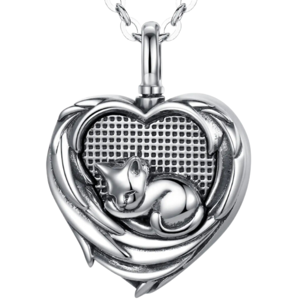 Sleeping Cat Heart Cremation Necklace Sterling Silver