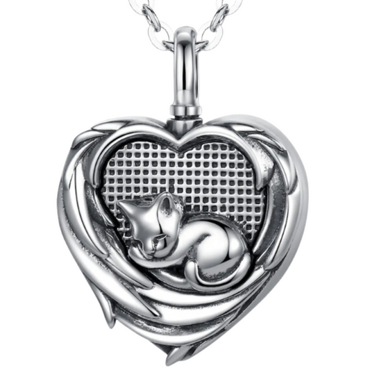 Sleeping Cat Heart Cremation Necklace Sterling Silver