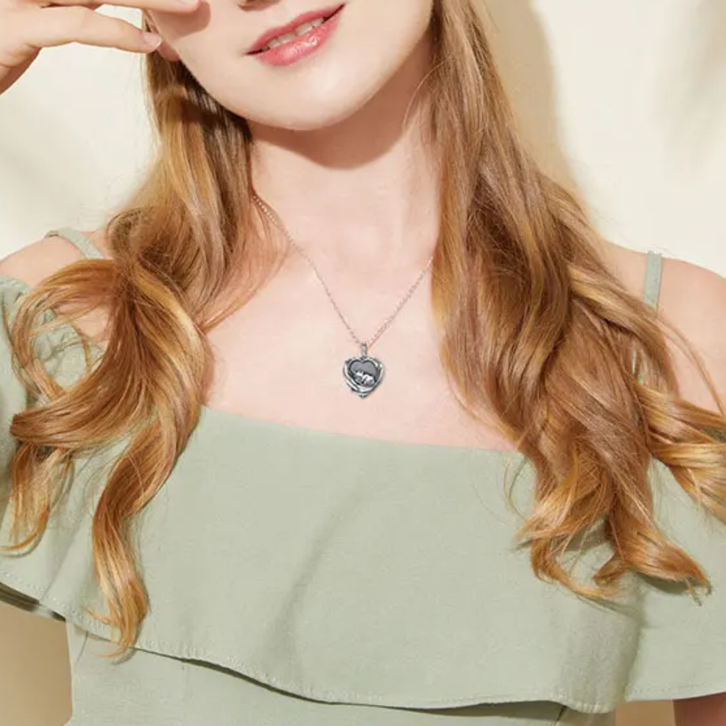 Sleeping Cat Heart Cremation Necklace Sterling Silver