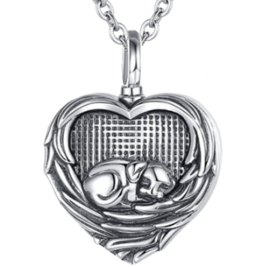Sleeping Dog Heart Cremation Necklace Sterling Silver