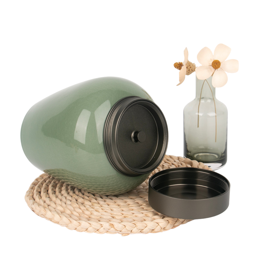 Metal Lid Green Small Ceramic Urn
