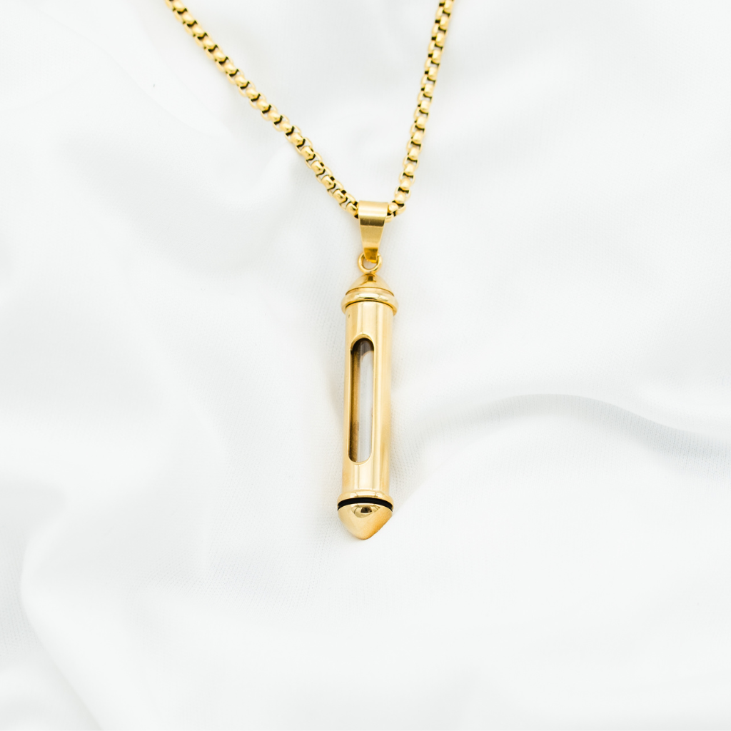 Gold Capsule Clear Chamber Cremation Necklace Stainless Steel