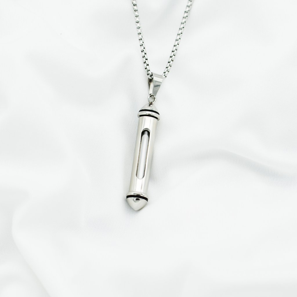Silver Capsule Clear Chamber Cremation Necklace Stainless Steel