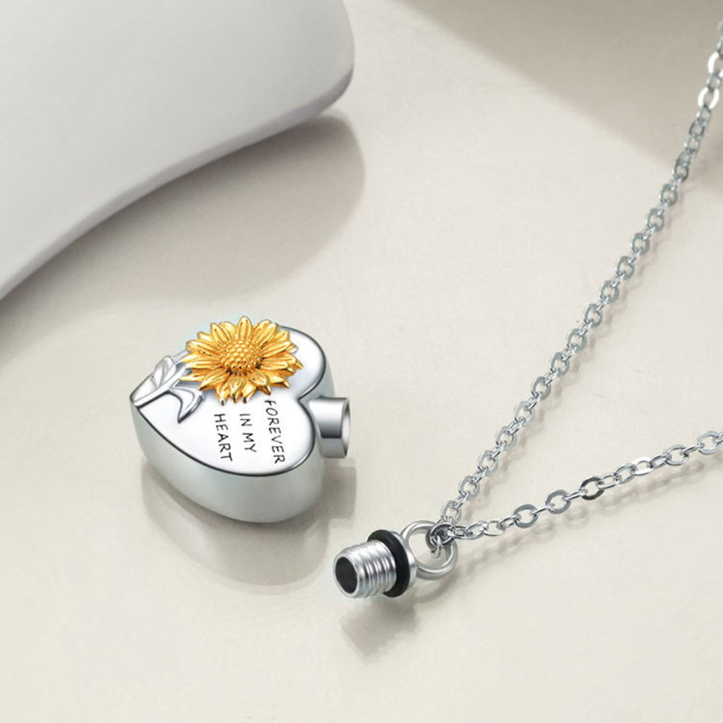 Sunflower Heart Cremation Necklace Sterling Silver