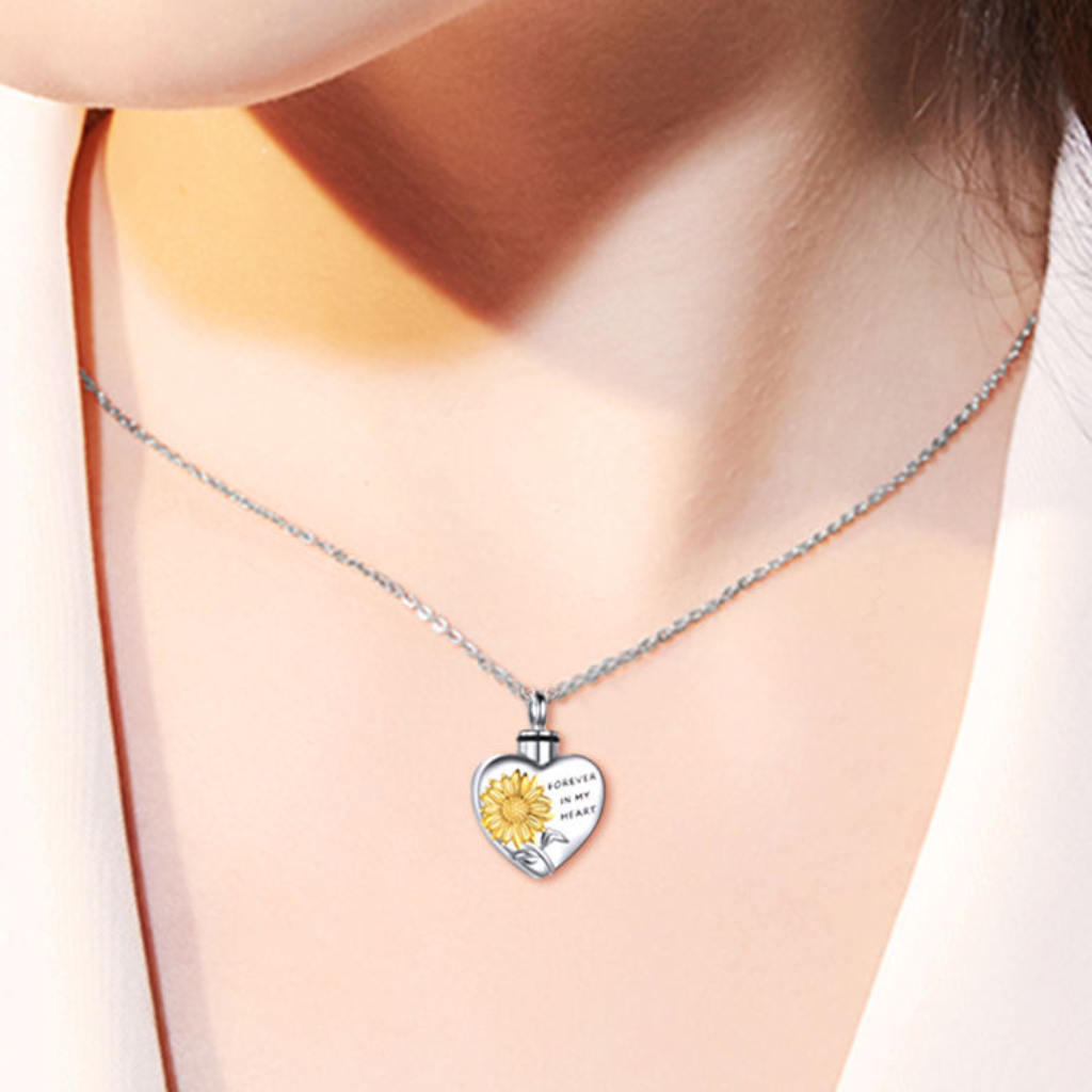 Sunflower Heart Cremation Necklace Sterling Silver