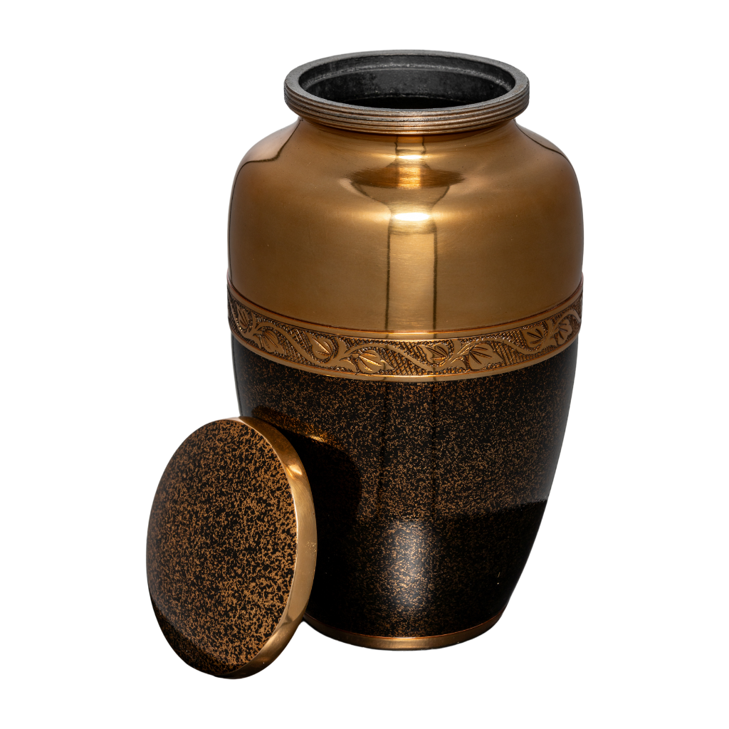 Bronze coloured aluminium urn with black speckled details on the bottom half