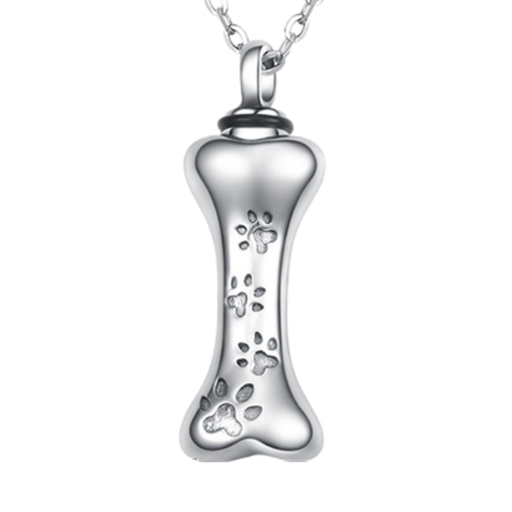 Bone With Paw Prints Cremation Necklace Sterling Silver