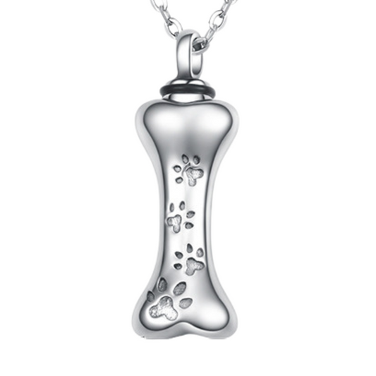 Bone With Paw Prints Cremation Necklace Sterling Silver