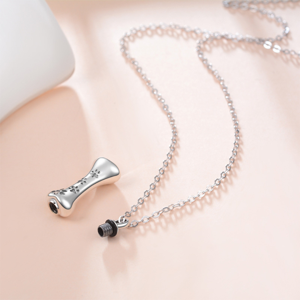 Bone With Paw Prints Cremation Necklace Sterling Silver
