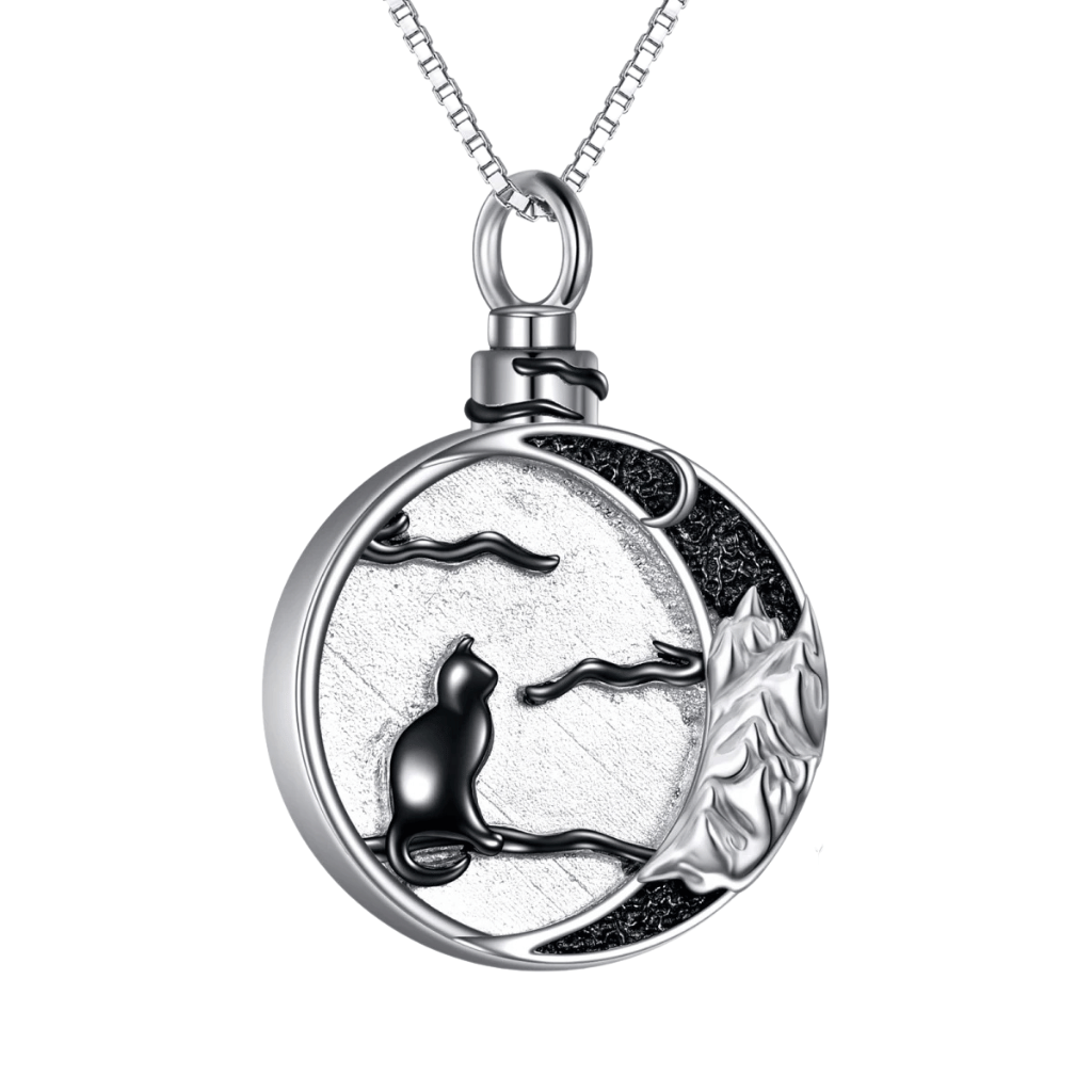 Black Cat And Crescent Moon Cremation Necklace Sterling Silver