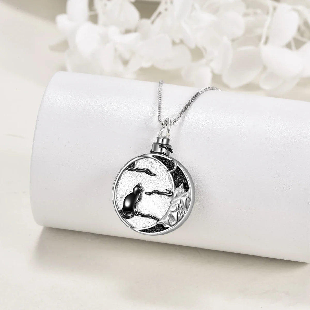Black Cat And Crescent Moon Cremation Necklace Sterling Silver