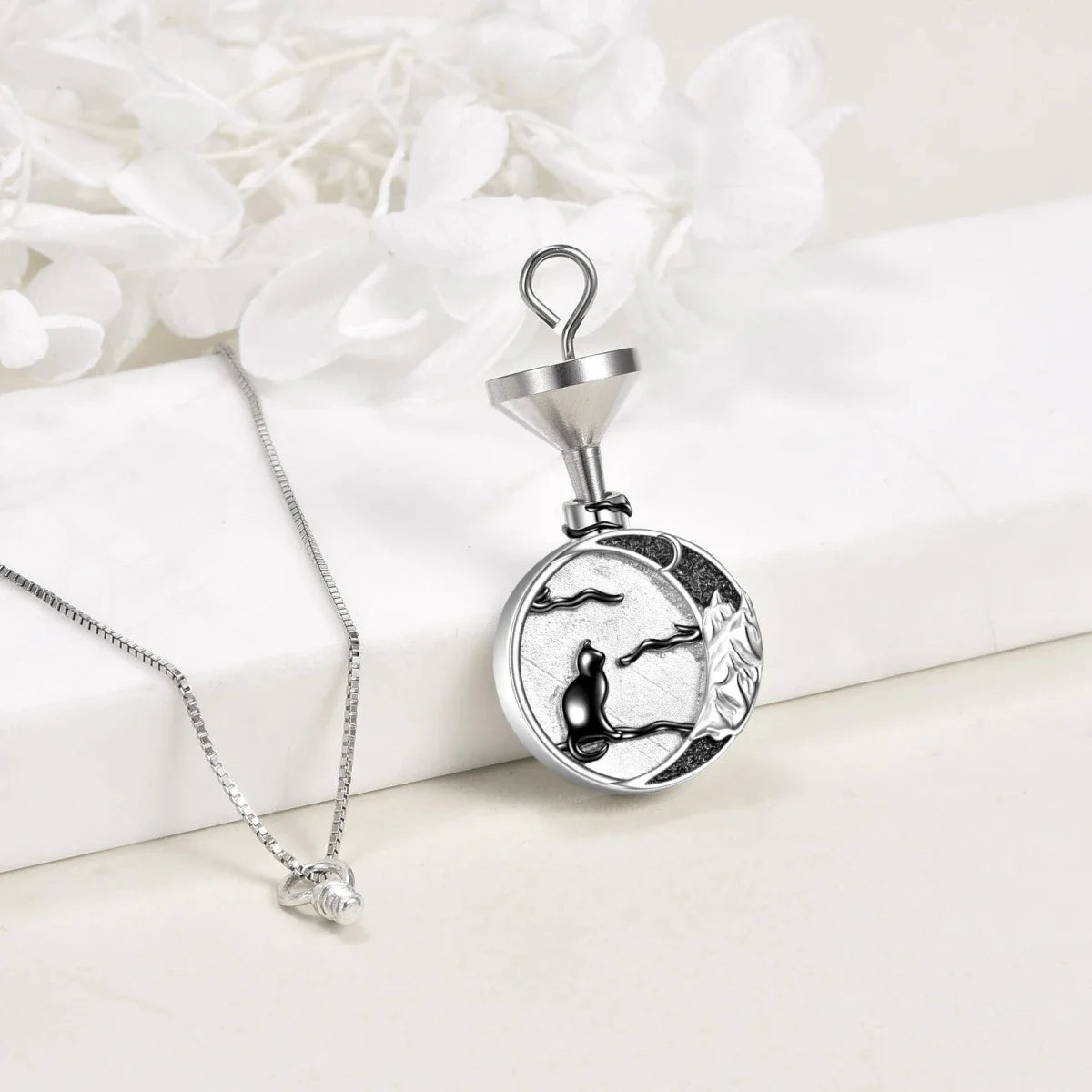 Black Cat And Crescent Moon Cremation Necklace Sterling Silver