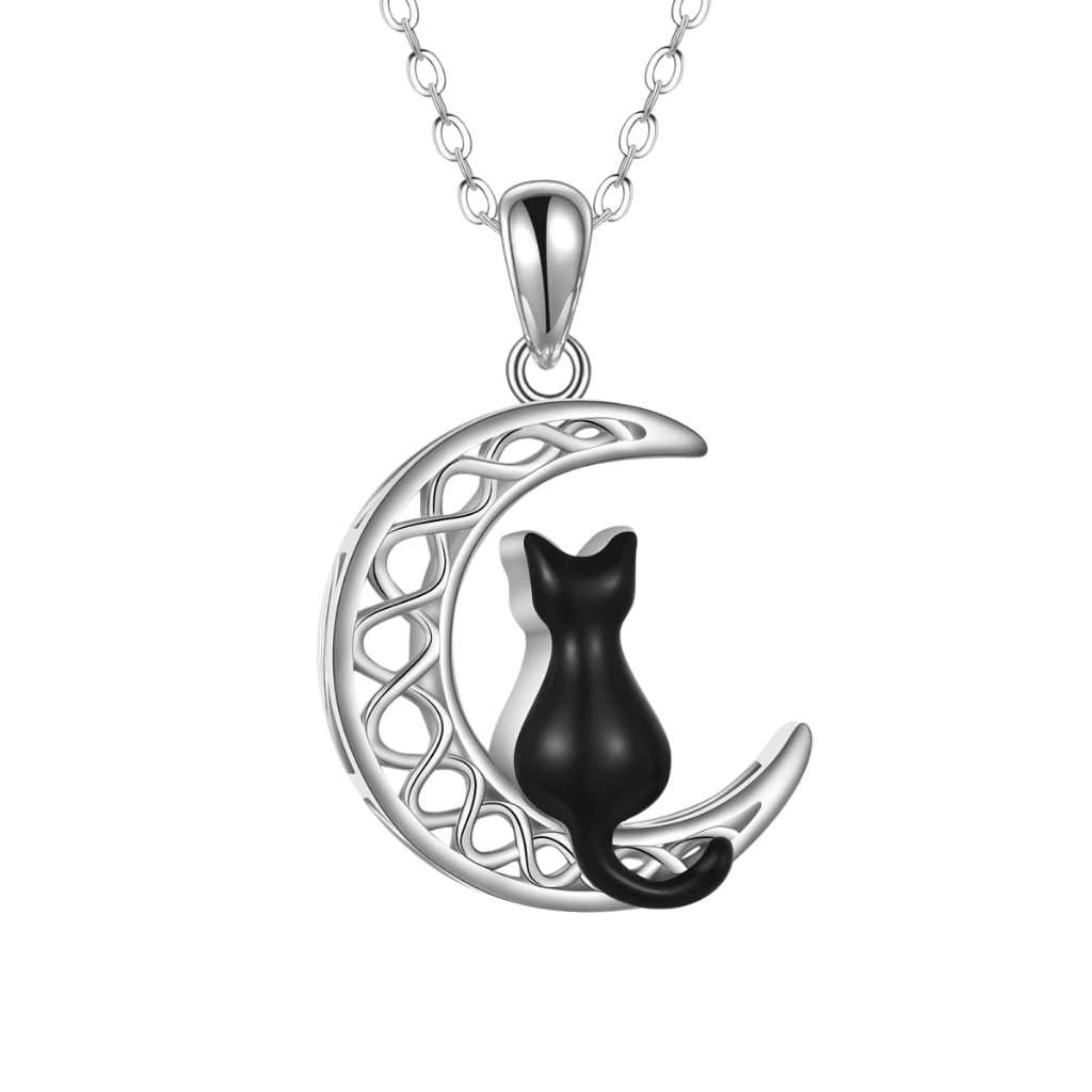 Black Patterned Crescent Moon Cat Cremation Necklace Sterling Silver