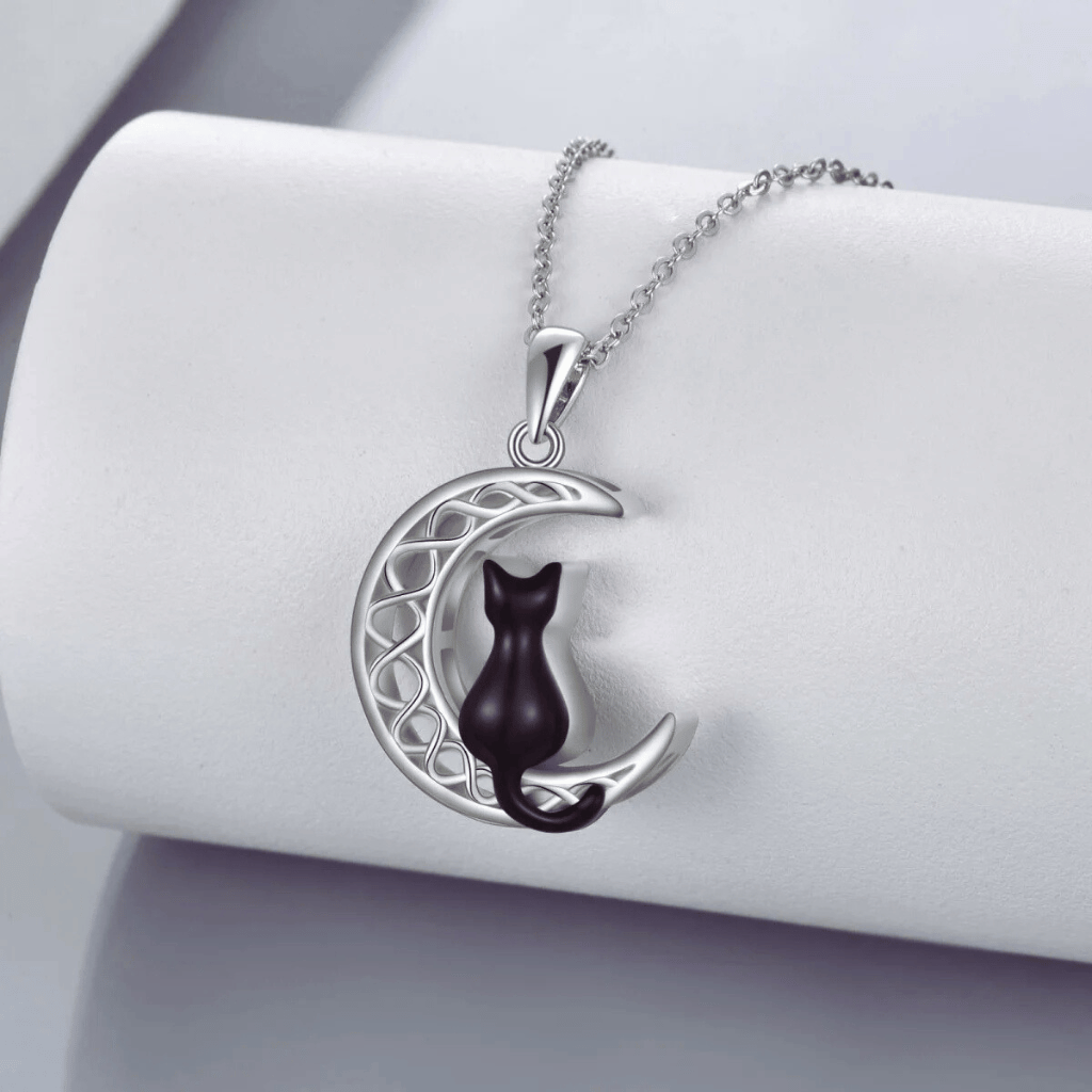 Black Patterned Crescent Moon Cat Cremation Necklace Sterling Silver