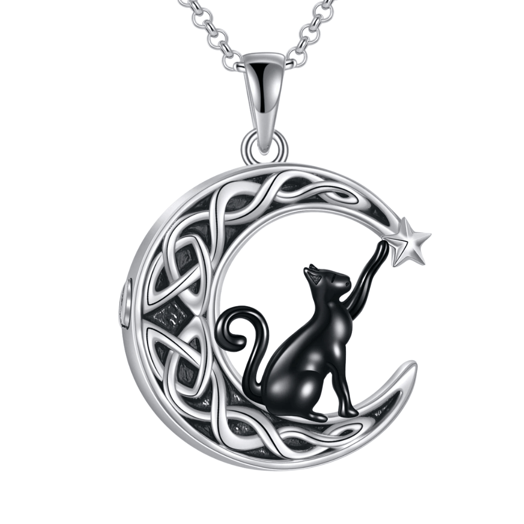 Black Runic Crescent Moon Cat Cremation Necklace Sterling Silver