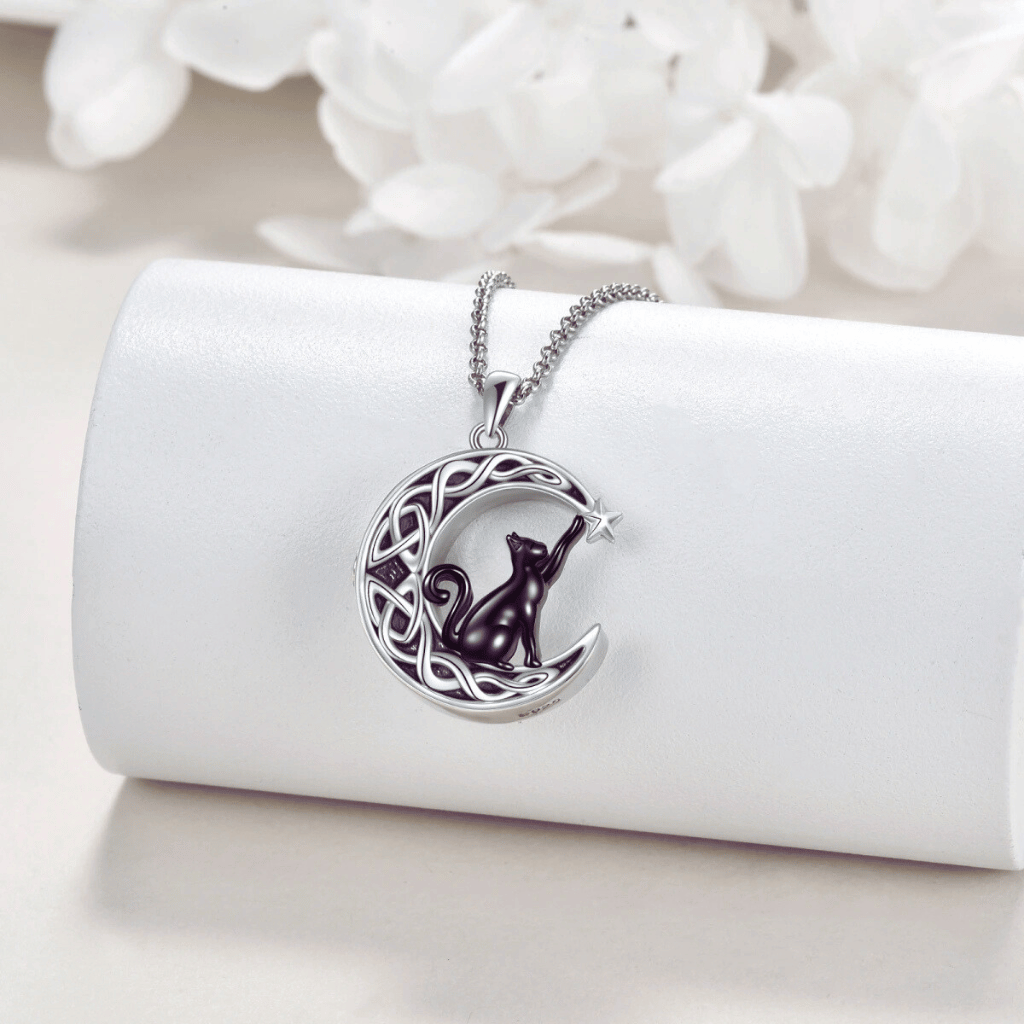 Black Runic Crescent Moon Cat Cremation Necklace Sterling Silver